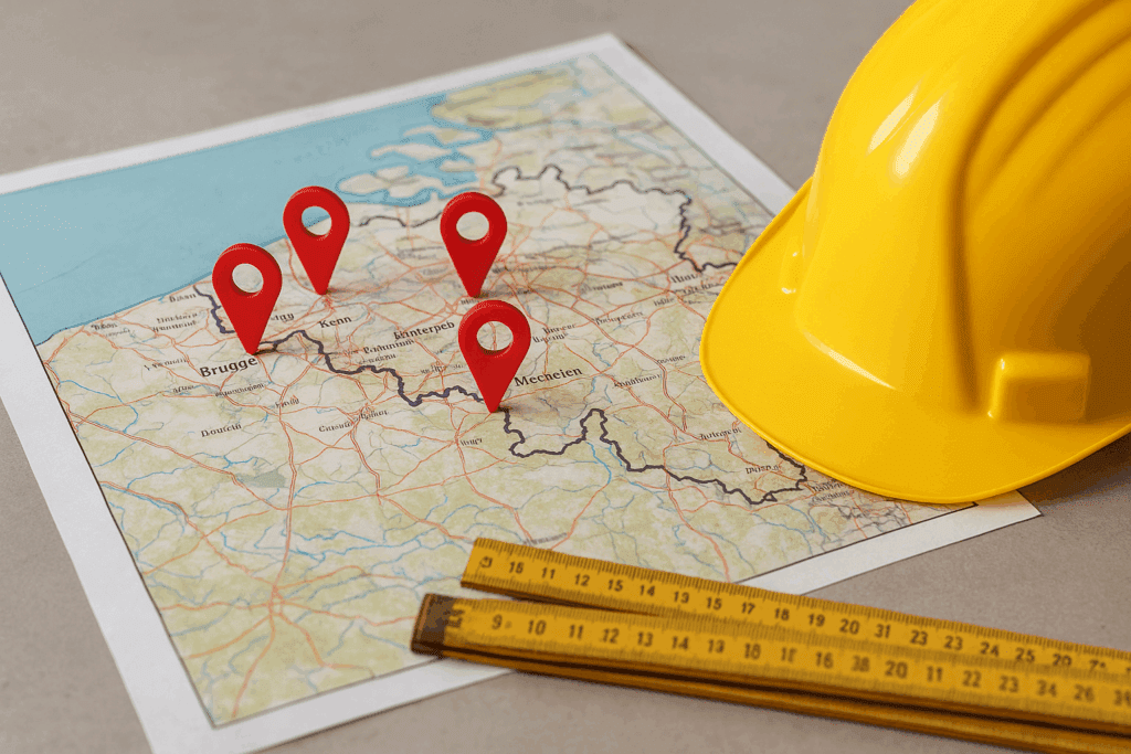 Regio-pagina’s voor bouwbedrijf in België – kaart met locatiepinnen en bouwhelm.