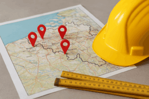 Regio-pagina’s voor bouwbedrijf in België – kaart met locatiepinnen en bouwhelm.