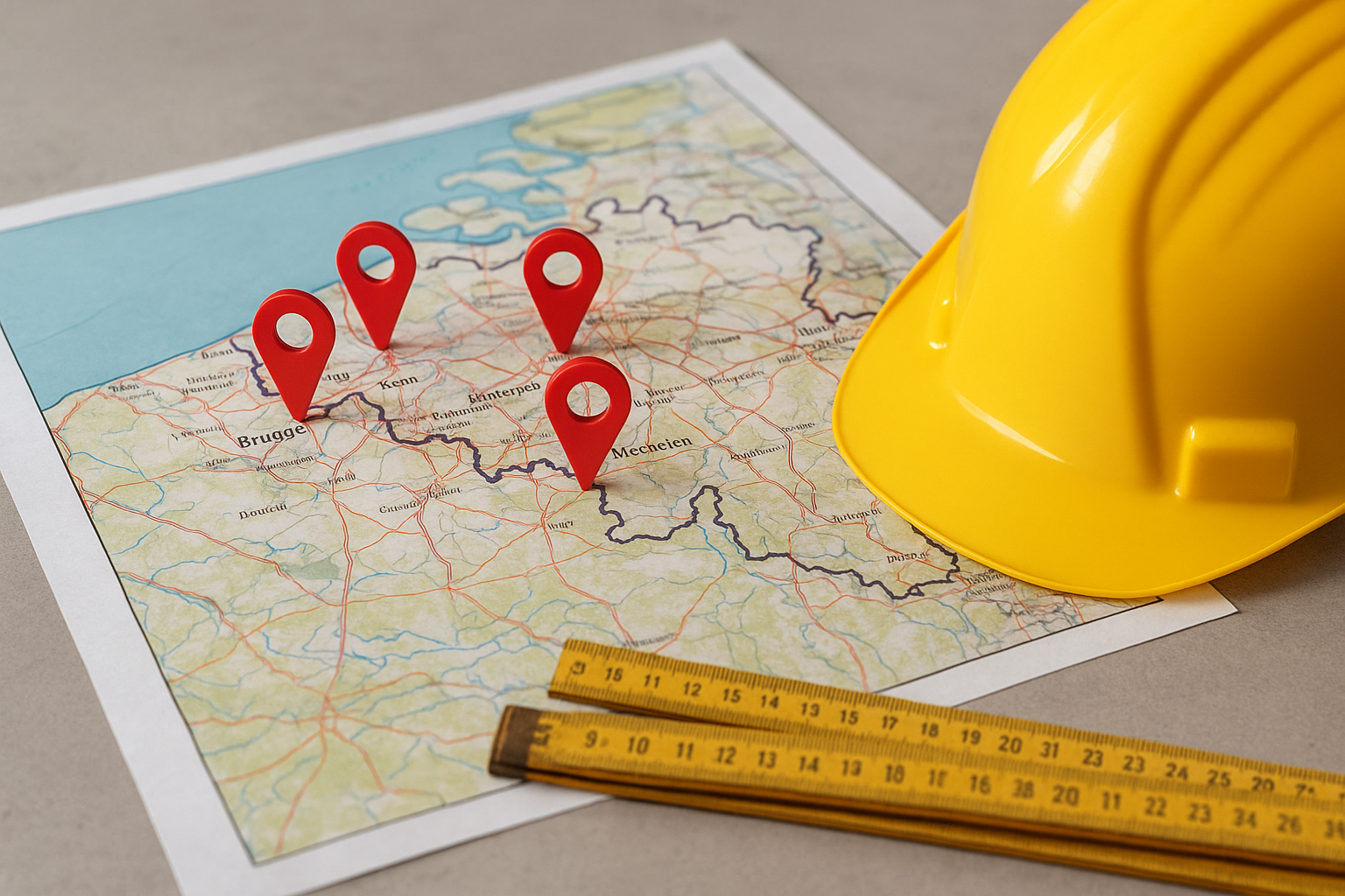 Regio-pagina’s voor bouwbedrijf in België – kaart met locatiepinnen en bouwhelm.